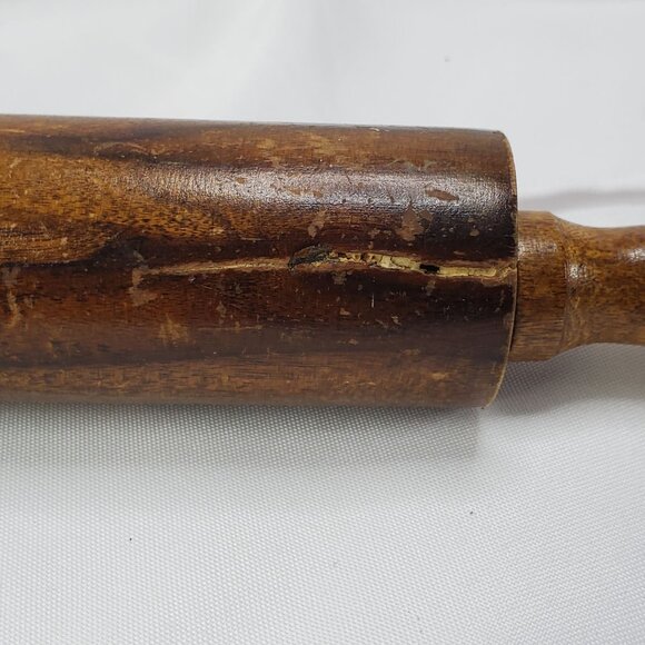 Vintage Wooden Rolling Pin With Handles 14" Long Rustic Kitchen Tool - Picture 2 of 8